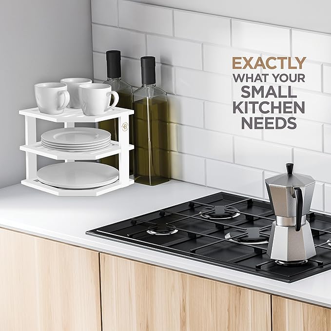 Cabinet Organizer Shelf - Bamboo Corner Rack for Kitchen Counter, Cabinet Space Saver for Plates, Dishes, Bowls, Bread Pantry, Bathroom Storage or Countertop Stand, White-NeatNest