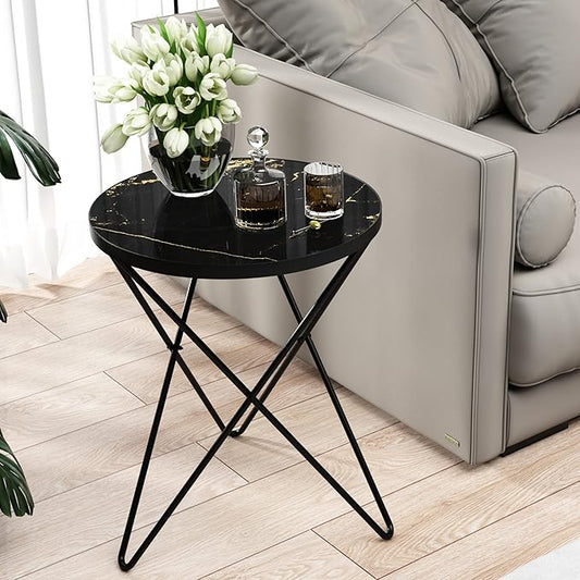 HLR Modern Round Side Table, End Table with Marble Effect Top and Gold Metal Frame, Small Side Table for Living Room, Bedroom, Sofa and Couch, Black Legs, Black Marble top