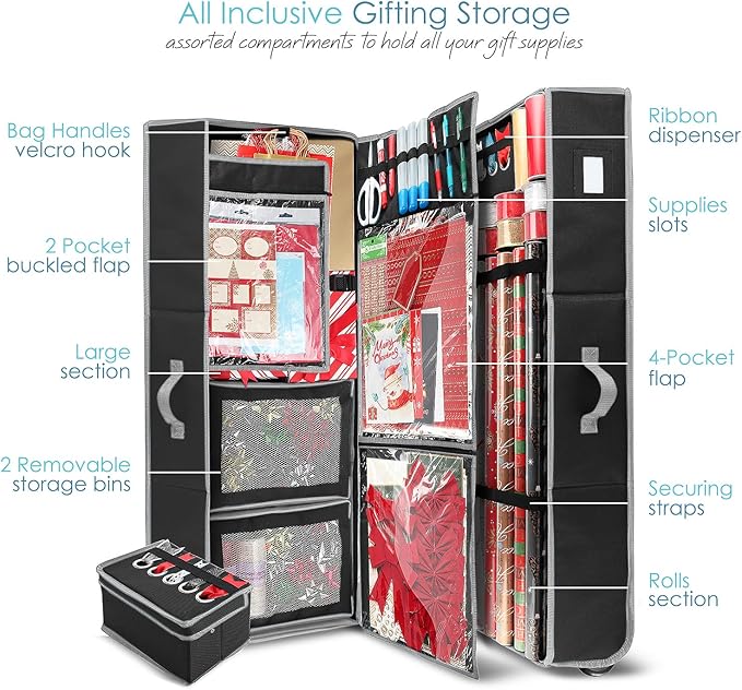 Hearth & Harbor Holiday Storage with Extra 2 PC of Christmas Storage Bins and Ribbon Storage Organizer - Fade Resistant Wrapping Paper Storage Containers with Wheels Fits Up to 30 Rolls of 40" Length-NeatNest