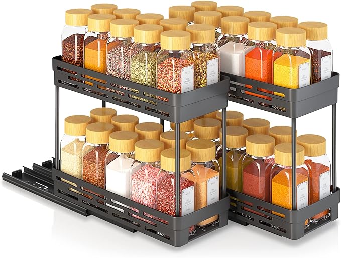 2 Pack Pull Out Spice Rack Organizer for Cabinet, Slide Out Spice Racks Organizer, Spice Cabinet Organizers, Cabinet Size Need:12'' Highx11'' Deepx5'' Wide,Hold 10 Spice Jar Each Tier-2Tier, Black-NeatNest
