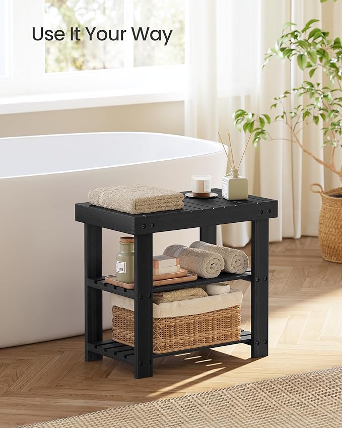 SONGMICS Shoe Rack Bench, 3-Tier Bamboo Shoe Storage Organizer, Entryway Bench, Holds Up to 286 lb, 11.3 x 19.7 x 17.8 Inches, for Entryway Bathroom Bedroom, Ink Black ULBS001B01-NeatNest