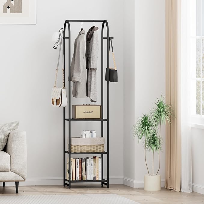 Garment Rack, Coat Rack With 3 Shelves and 4 Hooks, 71" H Clothes Stand For Hanging Clothes, Hanging Rod For for Bedroom, Hallway, Entryway, Office, Living Room, Black