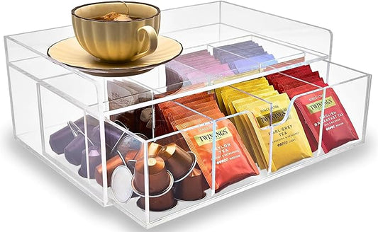 Acrylic Tea Station Organizer for Countertop - Tea Bag Organizer Drawer, Clear Lucite K Cup and Coffee Pod Storage box with 8 Compartments, Tea Caddy Creamer Holder Display Stand-NeatNest