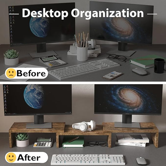 BONTEC Dual Monitor Stand for Desk, Adjustable Length and Angle Monitor Stand Riser with Smartphone Holder, Desk Shelf for Top of Desk, Computer Monitor Stand with Storage, Office Desk Organizer, Rustic Brown-NeatNest