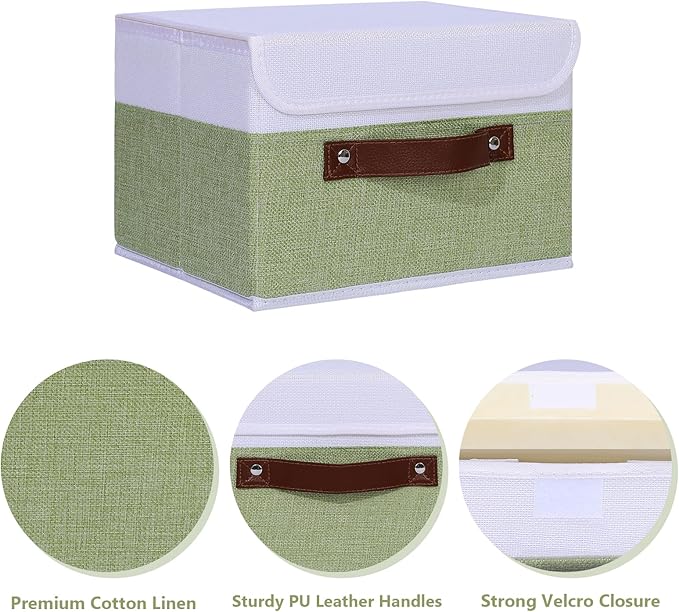 ANMINY 4PCS Storage Boxes with Lid Washable Decorative Storage Bins Basket with PU Leather Handle Foldable Linen Fabric Storage Cubes Containers for Home Closet Organizer - Green White, Small Size-NeatNest