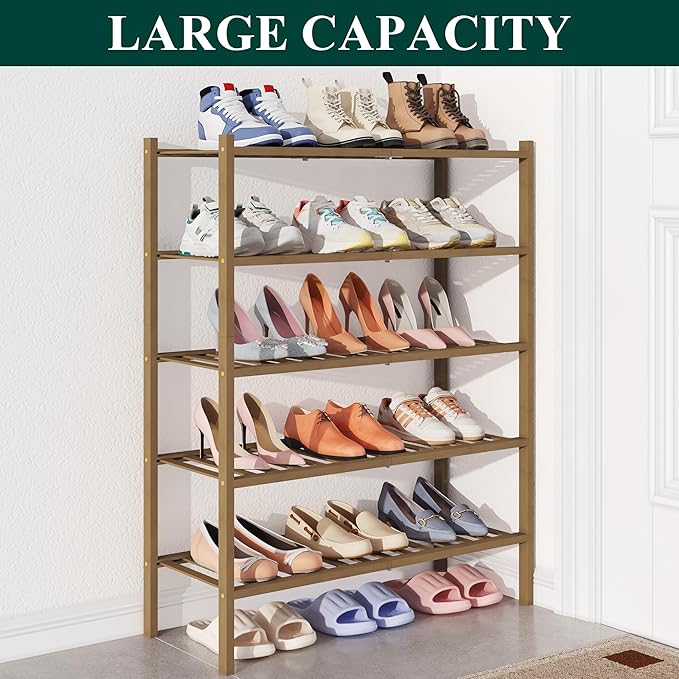 Smiry Bamboo Shoe Rack for Closet, 5 Tier Wooden Stackable Shoe Organizer, Free Standing Shoes Storage Shelf for Entryway, Front Door Entrance, Walnut-NeatNest