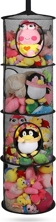 Hanging Stuffed Animal Storage, Foldable Corner Stuffed Animal Storage Organizer 4 Compartments Toy Storage Organizer for Kid Room Toys, Gloves,Hats,Socks Storage（Black）-NeatNest