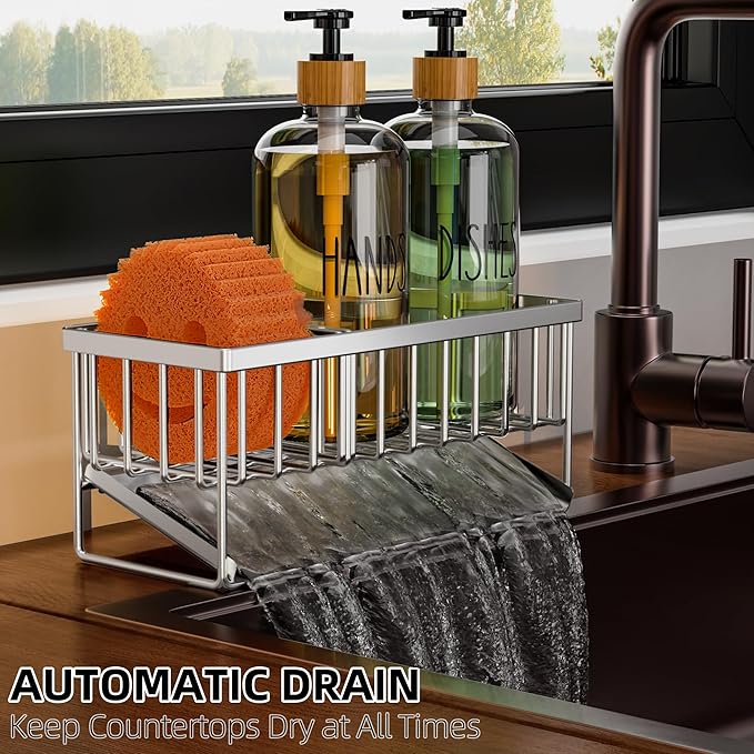 Cisily Kitchen Soap Dispenser Set with Pump, 16OZ Glass Bottle and Rustproof 304 Stainless Steel Sponge Holder, Hand and Dish Soap Dispenser Set for Kitchen Sink Organizer Decor-NeatNest