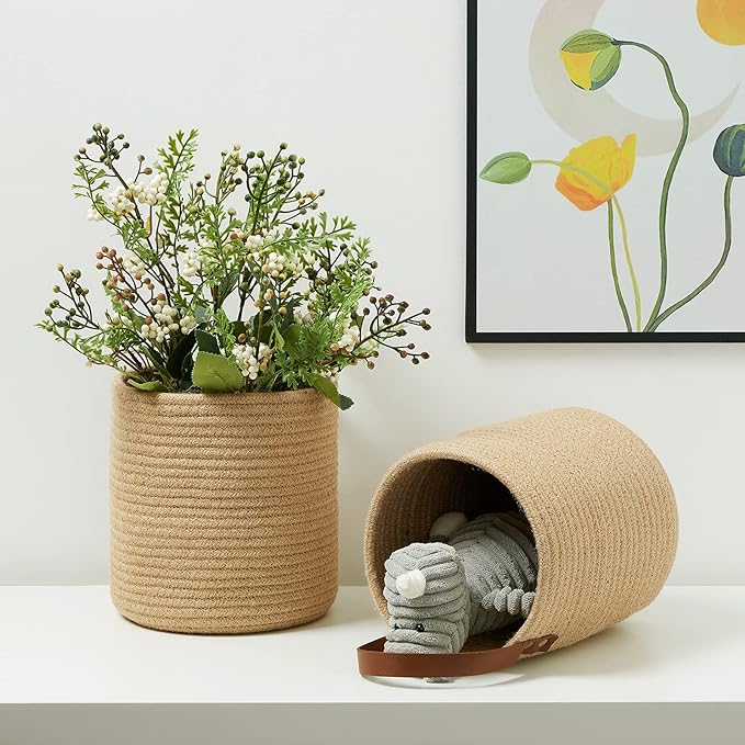 DULLEMELO Small Jute Hanging Basket 2 Pack - 7"D x 8"H, Woven Storage Basket With Leather Handle, Wall Decor Plants-NeatNest
