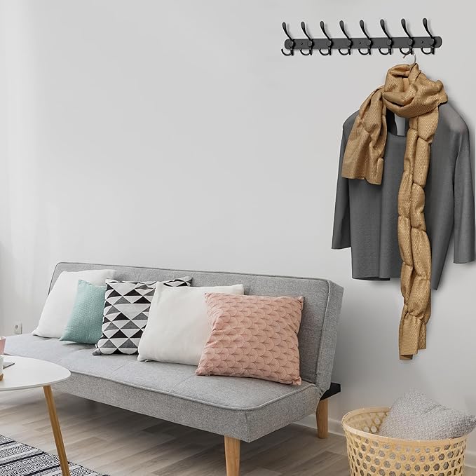 Coat Rack Wall Mount with 8 Tri Hooks, Stainless Steel 24 Inch – Black Matte Finish, Heavy Duty Wall Mounted Hook Rack for Coats, Hats, Towels, Scarfs, Robes, Bags, Entryway & Bathroom-NeatNest