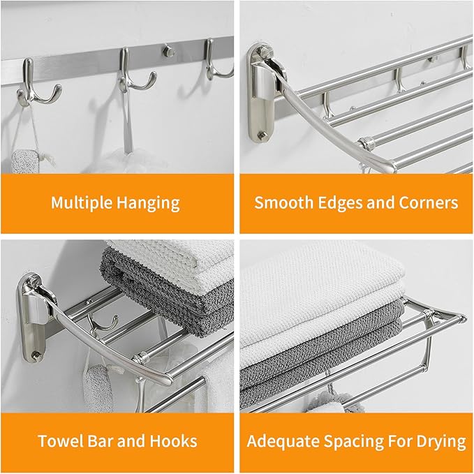 BESy 24 Inch Brushed Nickel Towel Racks, Bathroom Towel Shelf with Foldable Towel Bar Holder and Towel Hooks, Wall Mounted Multifunctional Bathroom Accessories, Double Towel Bars-NeatNest