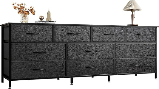 Huuger 63 Inch Dresser for Bedroom, Long Dresser with 10 Fabric Drawers, TV Stand for 55, 65, 70 Inch TV, Toy Storage Organizer for Closet, Black-NeatNest