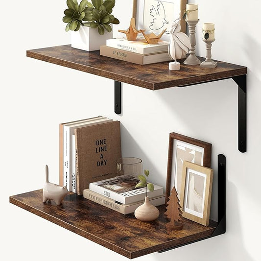 Floating Shelves for Wall, 12 Inch Deep Floating Shelves Set of 2, Wall Mounted Shelf with Metal Brackets, Rustic Wood Wall Shelf for Bathroom, Kitchen and Living Room, Rustic Brown, 24W x 12D-NeatNest