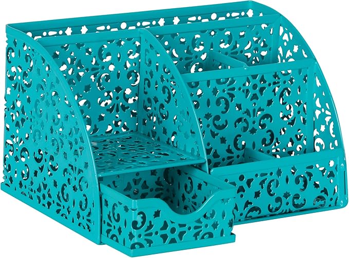 EasyPAG Desk Organizer with Sliding Drawer - 6 Compartments Metal Desktop Caddy, Decorative Elegant Hollow Flower Design, Anti-Scratch Pads for Home, Office, School, Dark Teal-NeatNest