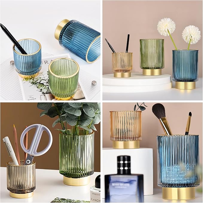 DASITON Makeup Brush holder Organizer,Crystal Cosmetic Makeup Brush Glass Brushes Storage Holder, Vintage Make Up Brush Cup Pen Pencil Holder striped vase(Blue S+L)-NeatNest