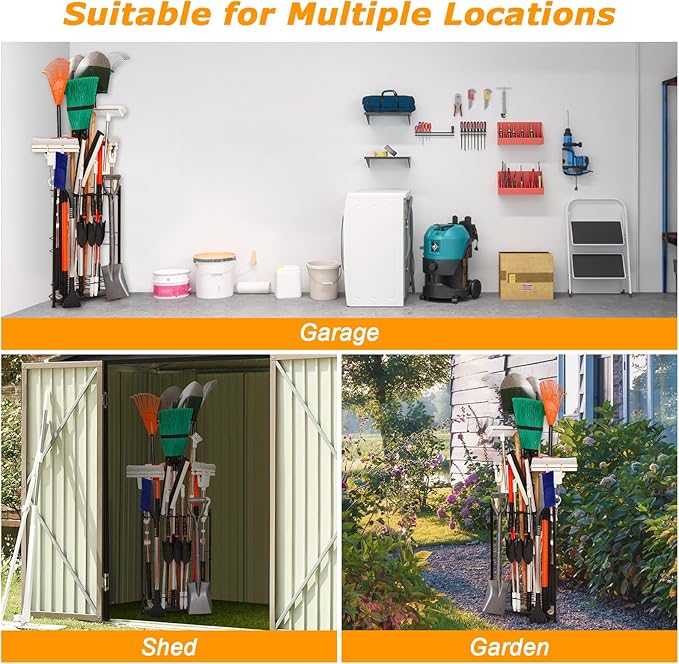 Garden Tool Organizer for Corner, Holds 35 Long-Handled Tools/Rakes/Brooms/Shovles for Garage Organization and Storage, Shed, Outdoor, Lawn, Heavy-Duty Steel, Black, Easy Assembly (Triangle Organizer)