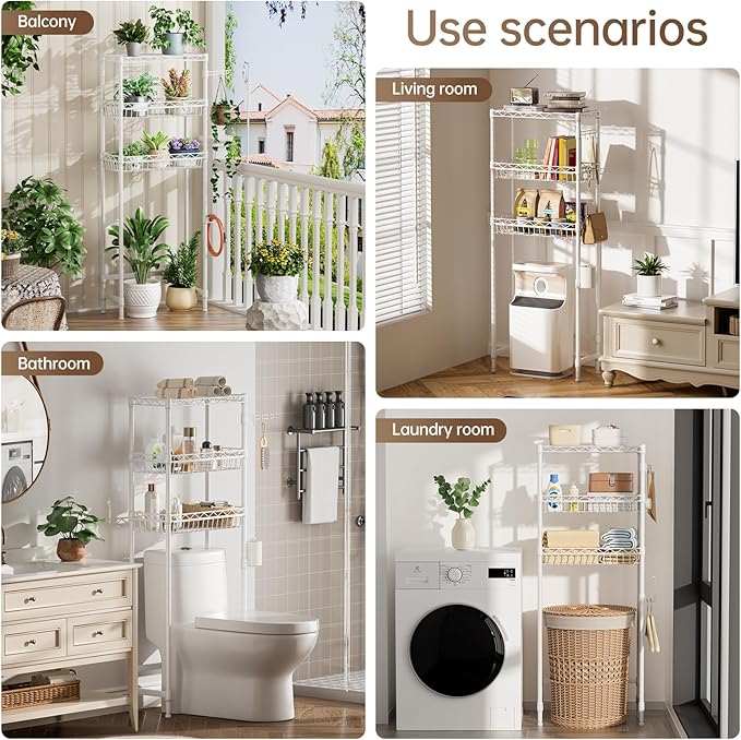3-Tier Over-The-Toilet Storage Shelf,Heavy-Duty Adjustable Bathroom Rack with 2 Mesh Baskets,Toilet Paper Holder & Hooks,Space-Saving Organizer for Bathroom,10”D x 24”W x 66”H,White