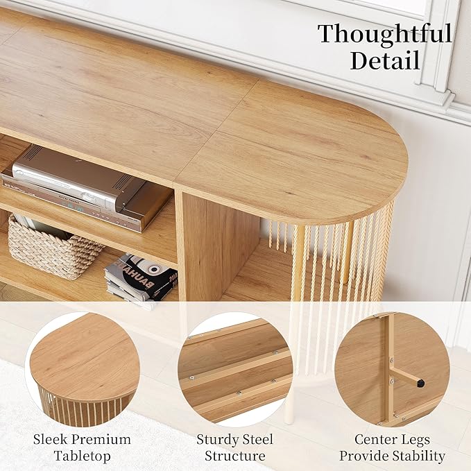 Brafab Oval Boho TV Console with Hand-Woven Ropes, Mid-Century Modern TV Stand for up to 60" with Storage Adjustable Shelf and Sturdy Steel Legs, Natural Wooden Entertainment Center for Living Room-NeatNest