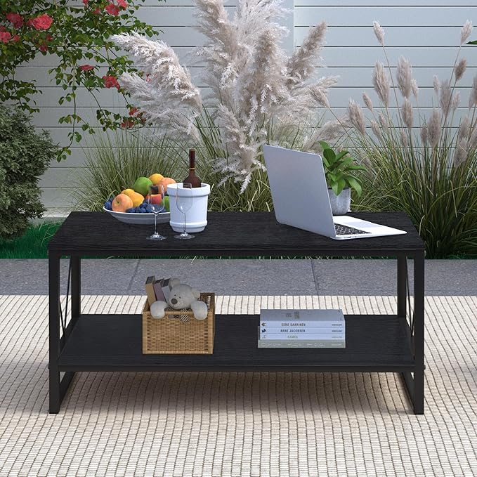 Rectangle Coffee Table Tea Table with Storage Shelf, Farmhouse Wooden Coffe Table for Living Room Table, 40" Rustic Center Table 2-Tier Minimalist Coffee Table Easy Assembly (Black)-NeatNest