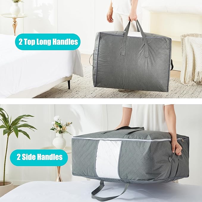 105L Extra Large Storage Bags for Blankets, King Comforters, Bedding, Clothes, Pillows, Sheets - Closet Organizers and Storage with 4 Handles & Clear Window, Foldable & Breathable (Grey, 2pack)-NeatNest