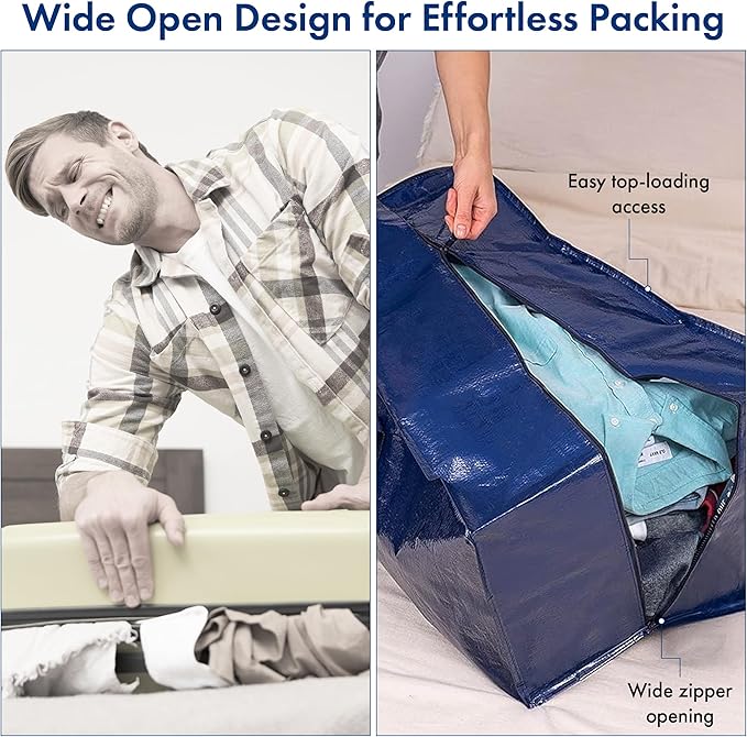 Extra Heavy Duty Large Moving Bags with Strong Zipper & Comfortable Handles - Sturdy & Durable Clothes Storage Bags Totes Bins - Large Storage Totes for Dorm, Space Saving 6 Packs (Dark Blue)