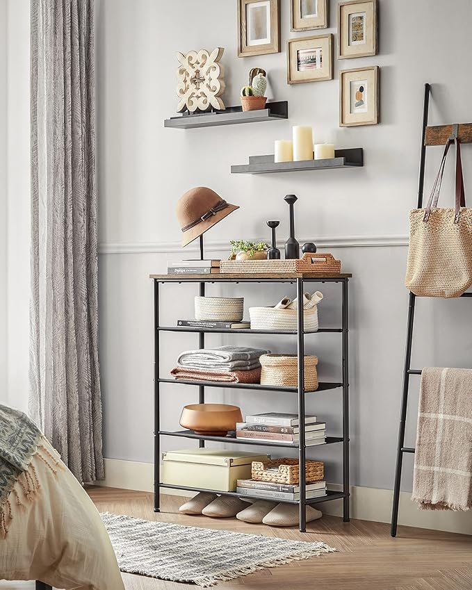 VASAGLE Shoe Rack, 5-Tier Shoe Storage Organizer for Entryway and Closet, Holds 12-16 Pairs of Shoes, 4 Fabric Shelves, Steel Frame, Industrial, Rustic Brown and Black ULBS036B01-NeatNest
