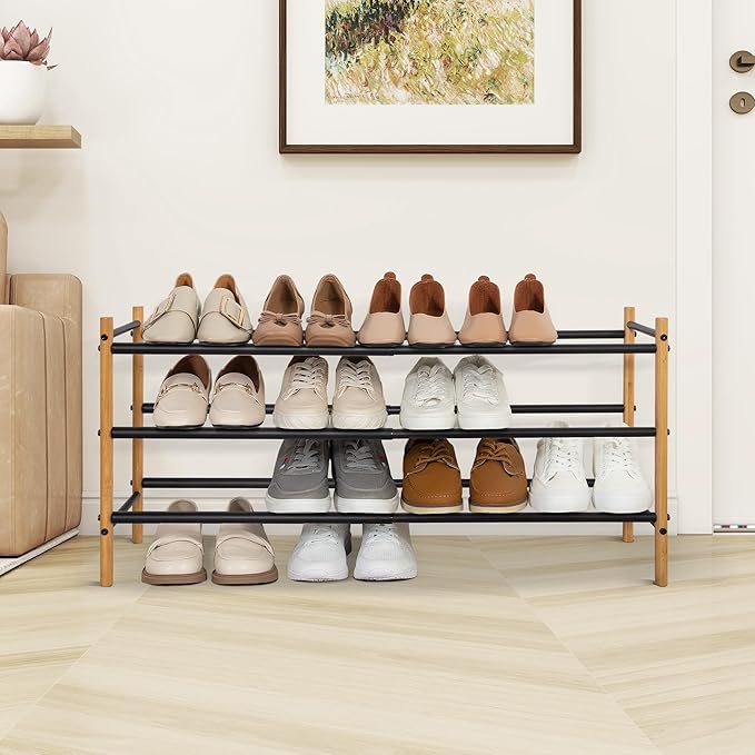 Shoe Rack, Expandable Shoe Storage Organizer for Closet, Bamboo Metal Shoe Shelf for Entryway, Adjustable Small Shoe Rack for Front Door Entrance, Small Space, Garage, 3 Tier Black-NeatNest