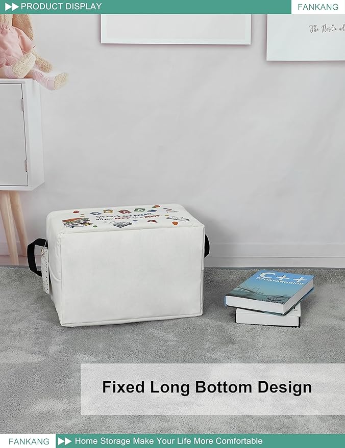 FANKANG Storage Bins, Nursery Hamper Canvas Laundry Basket Foldable with Waterproof PE Coating Large Storage Baskets for Kids Boys and Girls, Office, Bedroom, Clothes,Toys(Rec-Reading ）