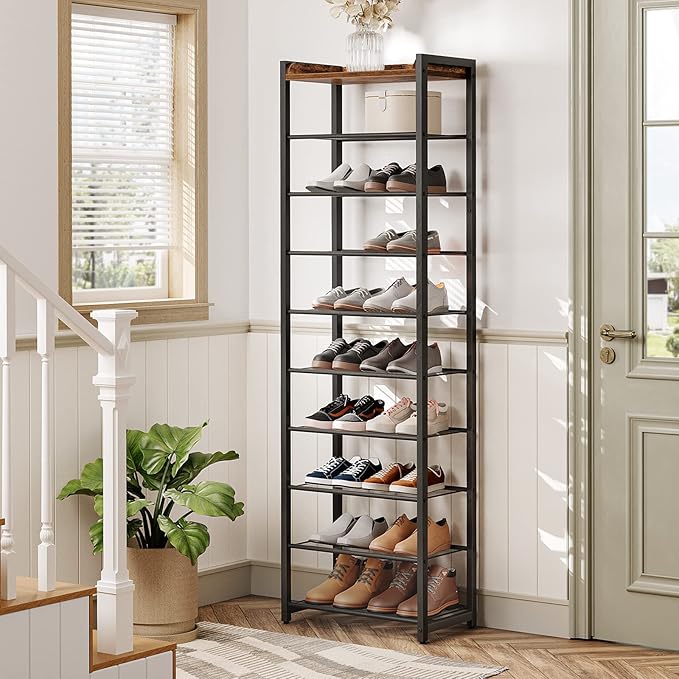 HOOBRO 10-Tier Shoe Rack, 20.5" L Shoe Storage Organizer, Narrow Shoe Shelf, Saving Space, Stable and Sturdy, Hold 18-20 Pairs of Shoes, for Entryway, Hallway, Living Room, Rustic Brown BF40XJ01-NeatNest