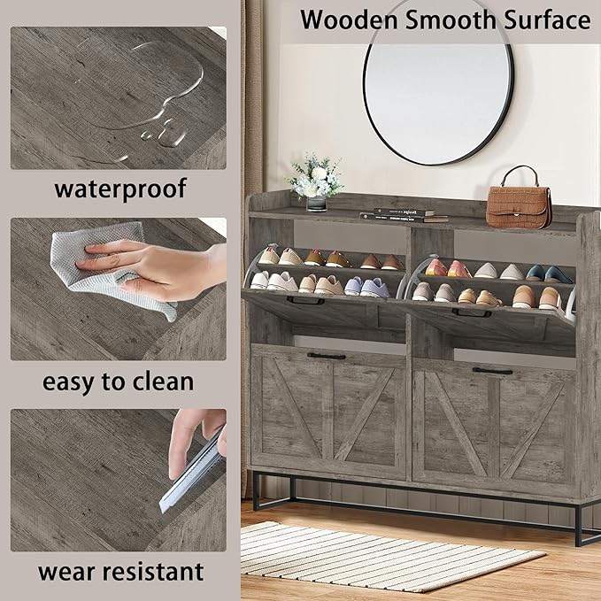 Hidden Shoe Storage Cabinets with 4 Flip Drawers and Metal Legs, Freestanding Narrow Shoe Organizer Rack for Entryway, Rustic Gery-NeatNest
