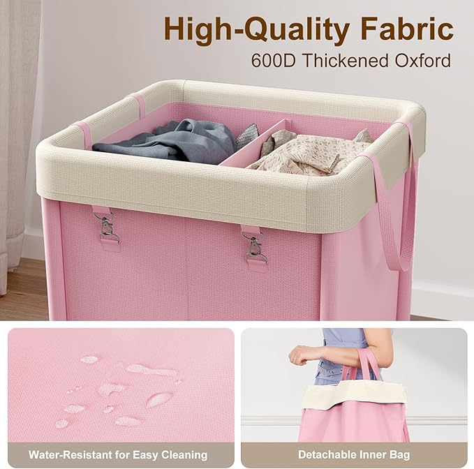 WOWLIVE 160L Rolling Laundry Hamper with Wheels, Heavy Duty Laundry Basket, Large Laundry Cart with Steel Frame and Removable Bag, Dirty Clothes Hamper for Home, Closet, Dorm, Bathroom, Pink