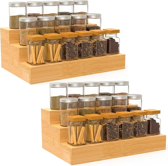 2 Pack Bamboo Spice Rack Organizer for Countertop, 3 Tier Spice Step Shelf for Cabinet (Jars Not Included)