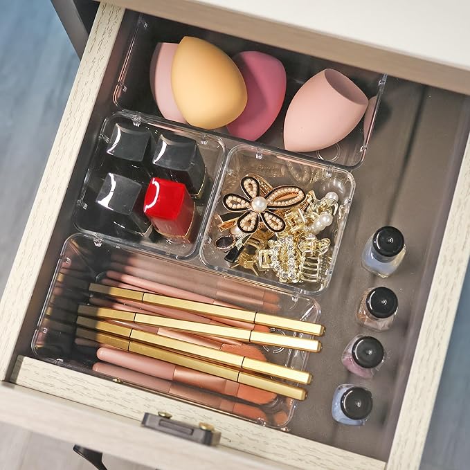 6 Pack Clear Drawer Organizer Set,Desk Drawer Storage Tray,Vanity Organizer Storage Bins Containers-NeatNest