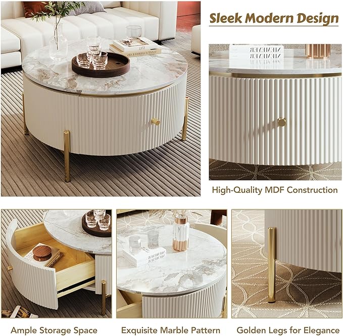 31.5'' Modern Round Coffee Table with 2 Large Drawers Storage Accent Table for Living Room(31.5'')