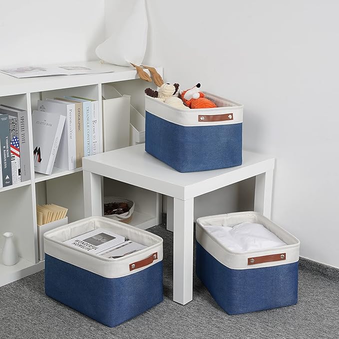 DULLEMELO Fabric Storage Basket for Closets,15x11x9.5 inch Foldable Storage Basket Bin with Handles for Office, Closet,Bedroom (White&Blue,1 Pack)-NeatNest