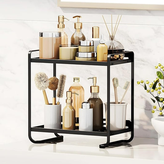 2-Tier Black Carbon Steel Bathroom Counter Organizer - Skincare Cosmetic Display Tray for Perfume, Makeup，Bathroom, Vanity Storage - Modern Countertop Organizer and Vanity Decor