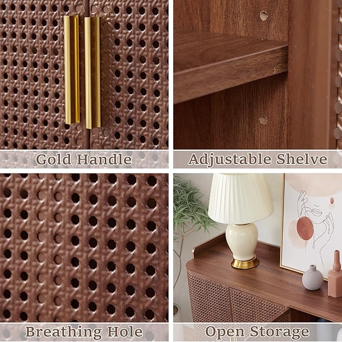 4 Doors Storage Cabinet, 2 Tier Wooden Storage Organizer Cabinet with Adjustable Shelf, Sideboard Buffet Cabinets with Iron Curved Doors Accent Shoe Rack for Entryway Hallway Living Room (Walnut)-NeatNest