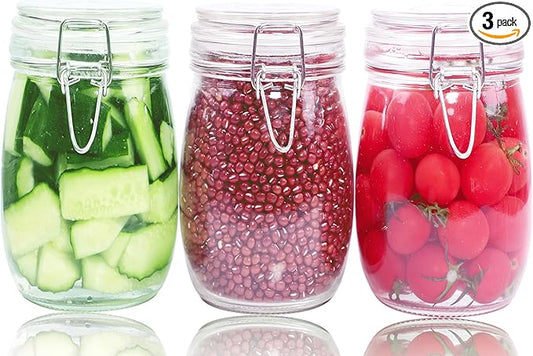 Glass Jars With Airtight Lid 32 Oz (Set Of 3) Wide Mouth Mason Glass Sealed Storage Canisters Leakproof For Coffee Sugar Nuts Spice Refrigerator Pickles & Preserves Tea For Fridge Kitchen Pantry