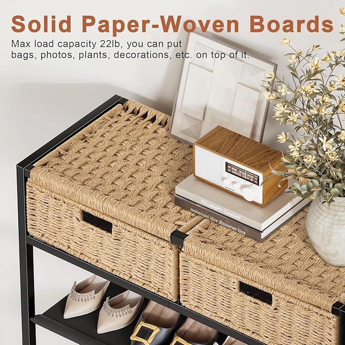 Shoe Rack, 5 Tier Shoe Storage Organizer with 2 Hand Woven Drawers, Metal Shoe Shelf for 16-20 Pairs of Shoes, with 4 Fabric Shelves and Woven Top, Shoe Stand for Closet Entryway, Rustic Oak-NeatNest