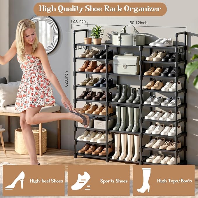 Shoe Rack Storage Shelf Stand Cabinet, 9 Tier Shoe Organizer for Closet Entryway Holds 50-55 Pairs Stackable Space Saving Storage Freestanding Shelf with Hooks-NeatNest