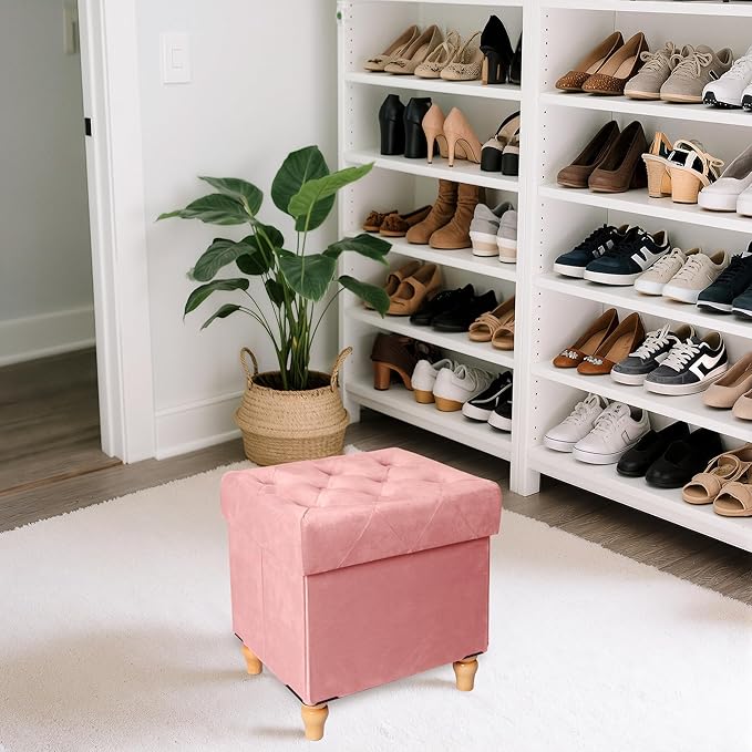 CAROLMADE Folding Storage Ottoman Cube Velvet Footstool with Wood Legs Ottoman Footrest for Living Room and Bedroom Pink, Grey 15"x12.6"x15.4"-NeatNest