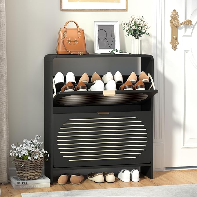 Narrow Shoe Storage Cabinet for Entryway with 2 Flip Drawers, Curved Edge Shoe Cabinet with Arched Stripe Panel, Freestanding Wood Shoe Organizer Closed Shoe Rack for Hallway, Foyer (Black)-NeatNest