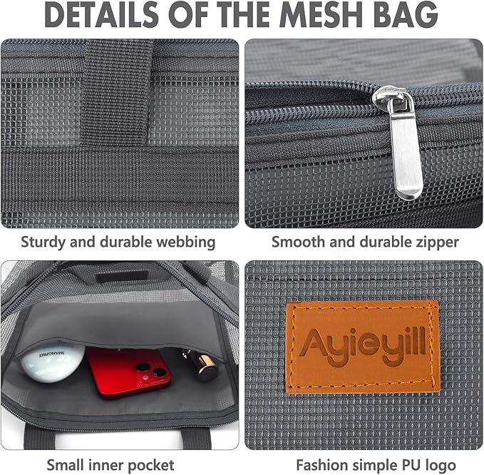 Ayieyill Shower Caddy Portable, Mesh Shower Caddy Tote Bag Quick Dry Hanging Toiletry and Bath Organizer for College Dorm, Gym, Beach, Travel or Camping with Zipper (A-Darkgray)-NeatNest