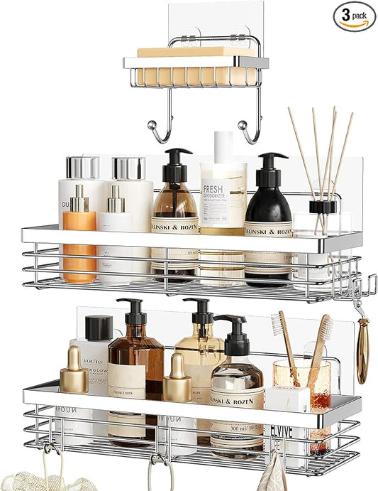 Orimade Adhesive Shower Caddy Soap Dish Holder Shelf with 5 Hooks Bathroom Organizer Basket Kitchen Storage Rack Wall Mounted No Drilling Stainless Steel - 3 Pack,Silver