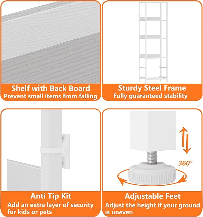 Furnulem 4-Tier Corner Shelf, Bookshelf with 2 Storage Drawers, 57.28”Tall Narrow Bookcase, Standing Shelf Organizer Unit for Living Room, Bedroom, Metal Frame, Wood Display Shelf