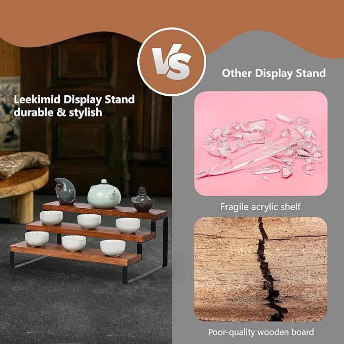 3 Tier Wooden Display Riser Stand Perfume Organizer with Metal Stand, Dessert Table Display Set, Food Display Stands for Party, Brown Rustic Solid Wood Shelf for Cupcakes, Perfume, Cologne, Spiece-NeatNest