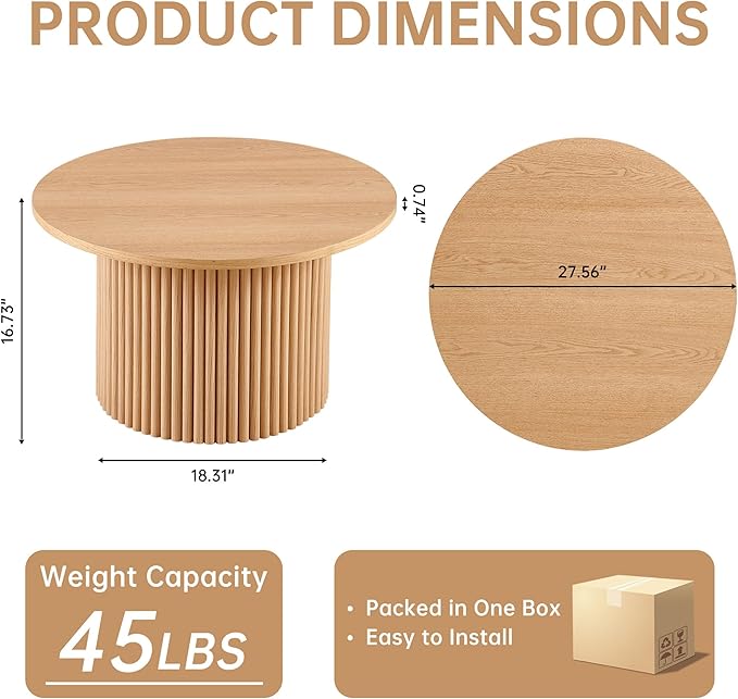 NORDICANA Single Accent Round Coffee Table, 27.5 Inch Oak Color Farmhouse Center Table for Living Room, Manufactured Wood Top with Oak Veneer