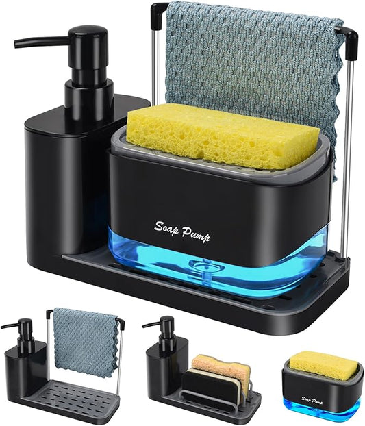 Hand and Dish Soap Dispenser Set with Tray, Dual Soap Dispenser with Sponge Holder and Dishcloth Holder 5-in-1 Organizer for Kitchen Sink Countertop Storage Organize - Useful Kitchen Gadgets (Black)-NeatNest