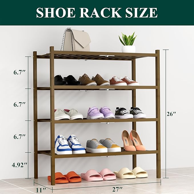 Smiry Shoe Rack, 4 Tier Thick Bamboo Shoe Organizer, Stackable Free Standing Wooden Shoe Storage Shelf for Closet, Entryway, Front Door Entrance, Walnut-NeatNest