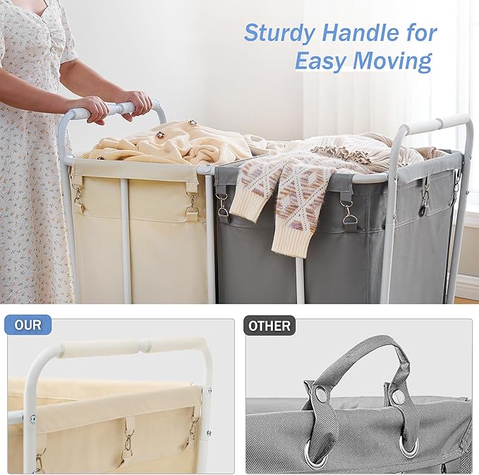 Hoctieon 2 Section Laundry Sorter Cart, 400L Rolling Hamper with Wheels, Industrial Laundry Basket Organizer, Extra Large Dirty Clothes Hamper for Home & Hotel, Heavy Duty, Gray+Beige-NeatNest